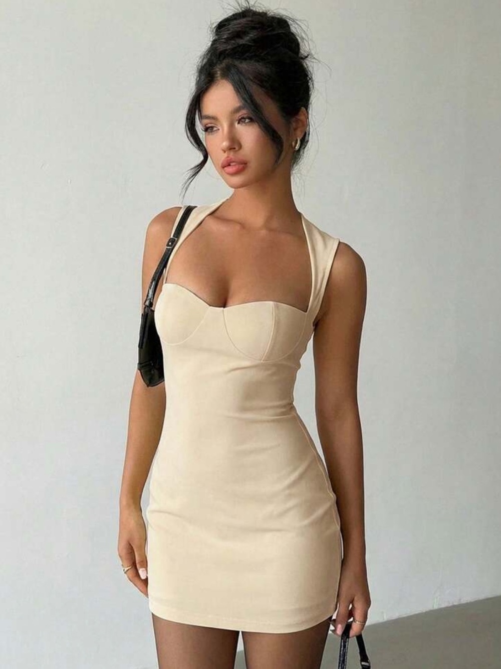Sleeveless Beige Bodycon Dress with Bust Detail